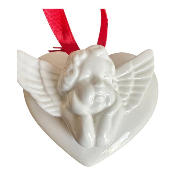 Vtg Fine Bone China Cherub Angel on Heart Ornament with Red Satin Ribbon 3"X3" - Picture 2 of 7
